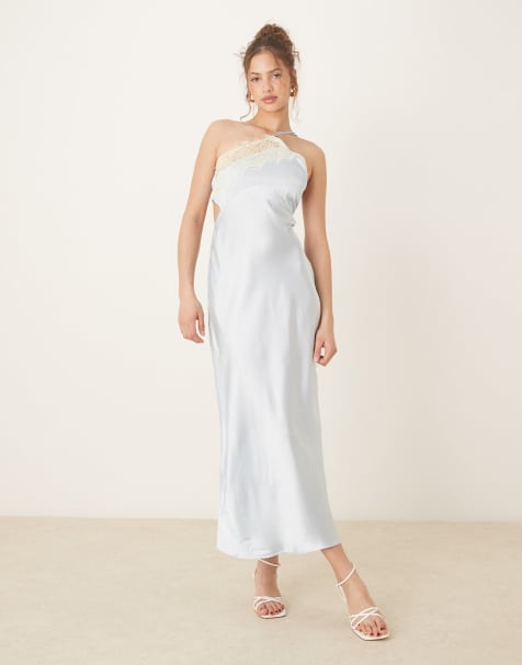 ASOS DESIGN - Vestito sottoveste midi asimmetrico con spalline sottili in pizzo color blu pallido - view 1