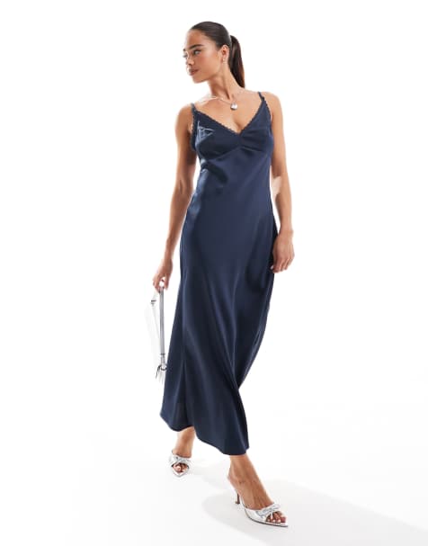 ASOS DESIGN - Vestito sottoveste midi color blu acciaio con spalline sottili e finiture in pizzo - view 1