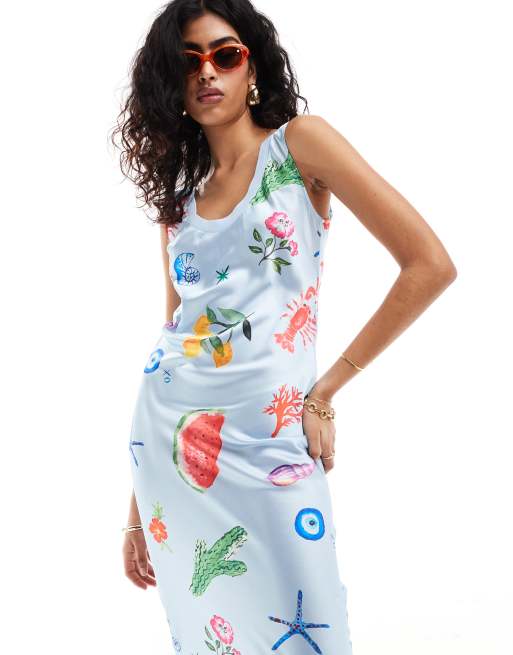 ASOS DESIGN - Vestito sottoveste midi con scollo a coste e taglio sbieco blu con stampa