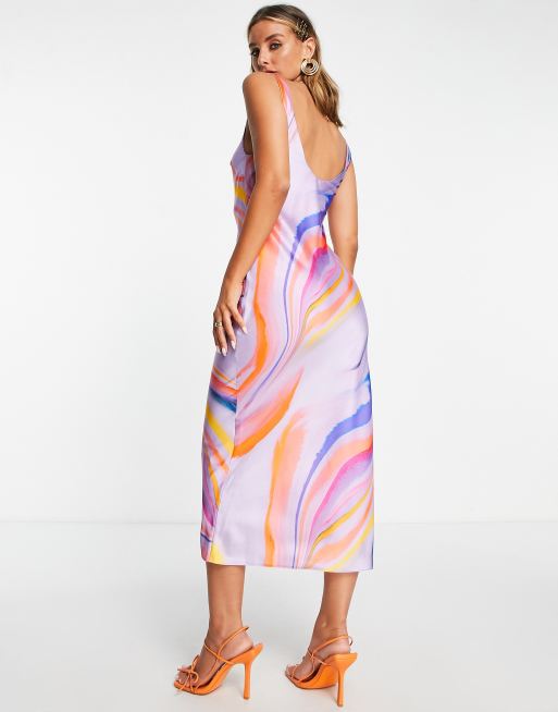 ASOS DESIGN - Vestito sottoveste midi con scollo rotondo color viola con stampa effetto marmo, 2 di 4