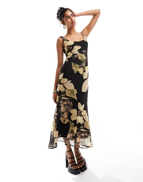 ASOS DESIGN - Vestito sottoveste midi con scollo rotondo nero con stampa a fiori - view 1