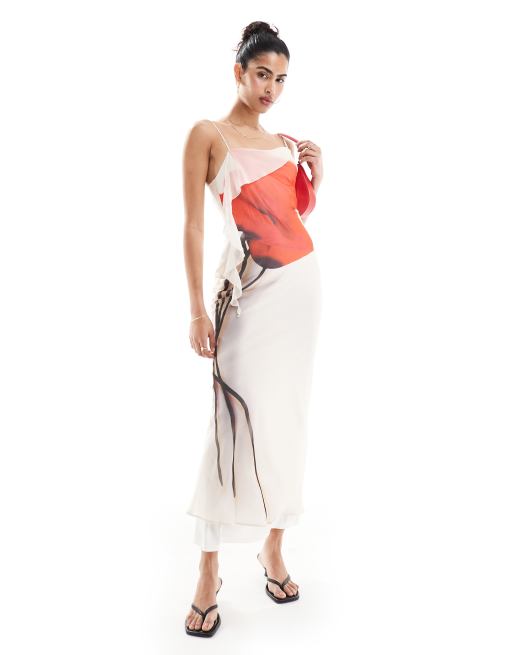 ASOS DESIGN - Vestito sottoveste midi con stampa di fiore e dettaglio con volant