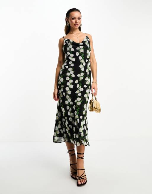 ASOS DESIGN - Vestito sottoveste midi in chiffon con stampa floreale sfumata e scollo ad anello