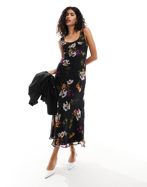 ASOS DESIGN - Vestito sottoveste midi in chiffon nero con stampa a fiori e scollo rotondo
