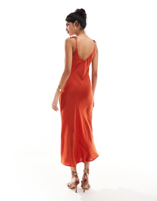 ASOS DESIGN - Vestito sottoveste midi in raso color terracotta con scollo a V, 3 di 4