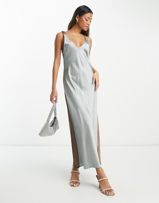 ASOS DESIGN - Vestito sottoveste midi in raso grigio e moka color block con retro elasticizzato, 4 di 4