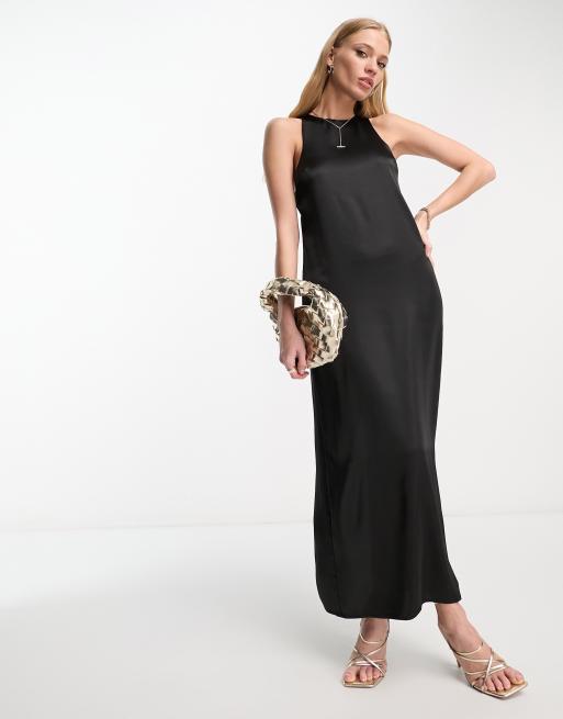 ASOS DESIGN - Vestito sottoveste midi in raso nero con scollo a vogatore
