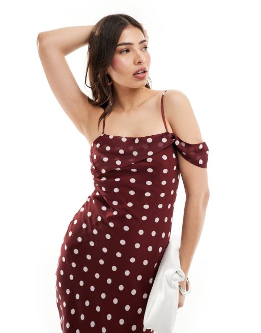 FhyzicsShops DESIGN - Vestito sottoveste midi monospalla con spalline sottili bordeaux a pois