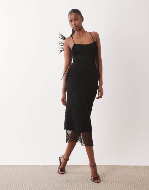 ASOS DESIGN - Vestito sottoveste midi nero in rete plumetis con bustino arricciato e fondo trasparente - view 1
