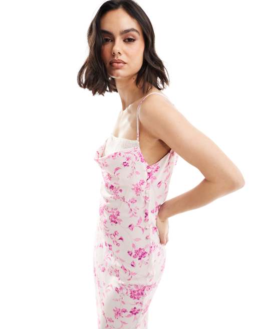 ASOS DESIGN - Vestito sottoveste midi rosa a fiori con scollo ad anello e dettagli in pizzo a contrasto