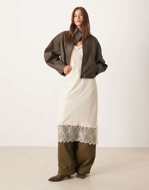 ASOS DESIGN - Vestito sottoveste taglio lungo con spalline sottili color crema con finiture in pizzo - view 1