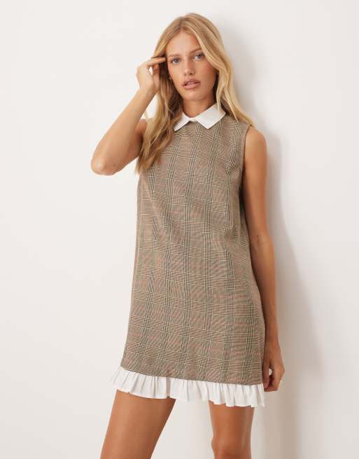 ASOS DESIGN - Vestito svasato corto multicolore a quadri con colletto e fondo stile camicia a contrasto