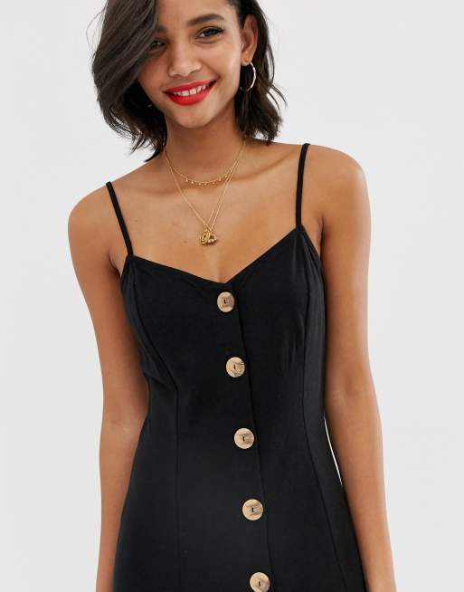 ASOS DESIGN - Vestito svasato lungo maxi in cotone slub con spalline e bottoni in finto legno, 3 di 4