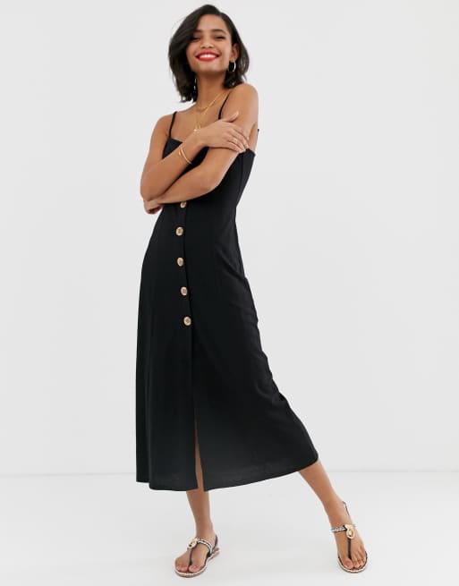 ASOS DESIGN - Vestito svasato lungo maxi in cotone slub con spalline e bottoni in finto legno, 4 di 4