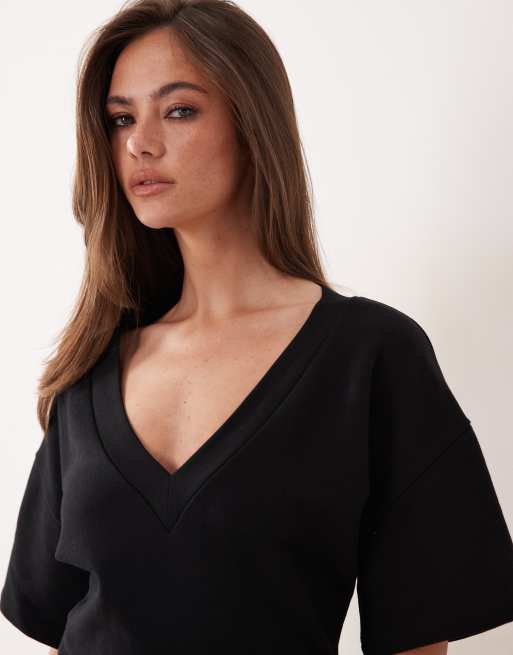 ASOS DESIGN - Vestito T-shirt aderente con scollo a V nero, 3 di 4