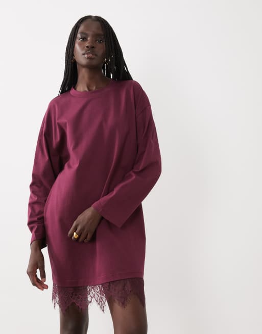 ASOS DESIGN vestito T-shirt con maniche lunghe e orlo in pizzo color prugna, 1 di 4