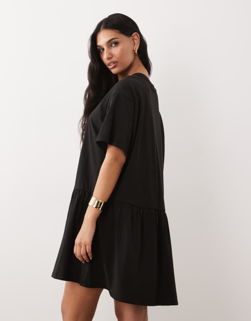 ASOS DESIGN - Vestito T-shirt corto a maniche corte con vita scesa peplo nero, 4 di 4