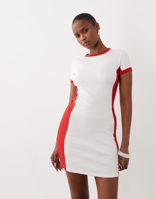 ASOS DESIGN - Vestito T-shirt corto bianco con pannelli color block rossi, 1 di 4