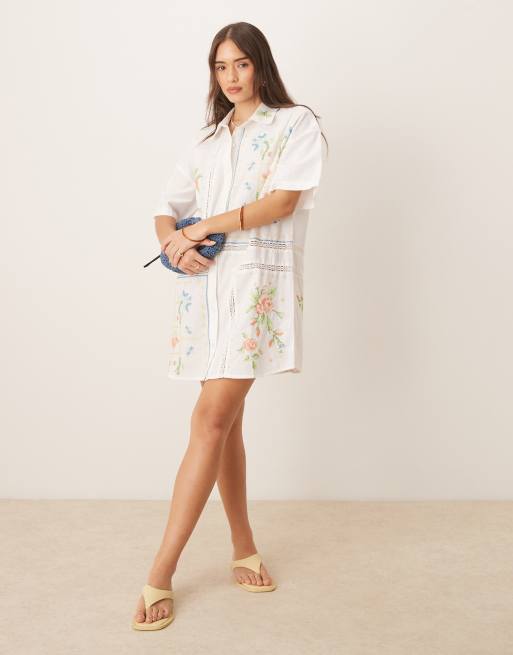 ASOS DESIGN - Vestito t-shirt corto color crema con ricami, 3 di 4