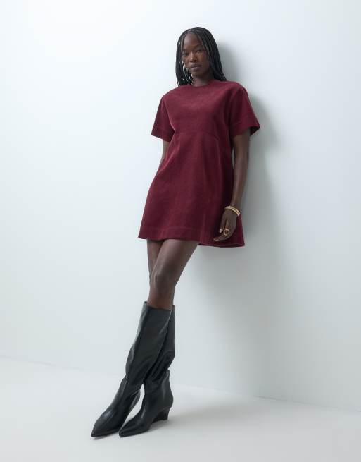 ASOS DESIGN - Vestito T-shirt corto in velluto a coste bordeaux, 5 di 5