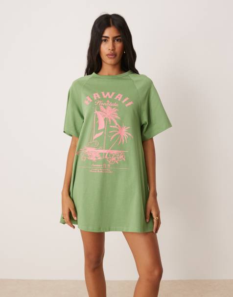 ASOS DESIGN - Vestito T-shirt corto verde oversize con grafica "Hawaii" - view 1