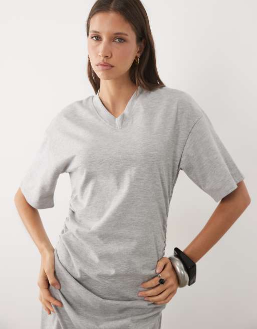 ASOS DESIGN - Vestito T-shirt grigio mélange con scollo a V e vita stretta, 3 di 4