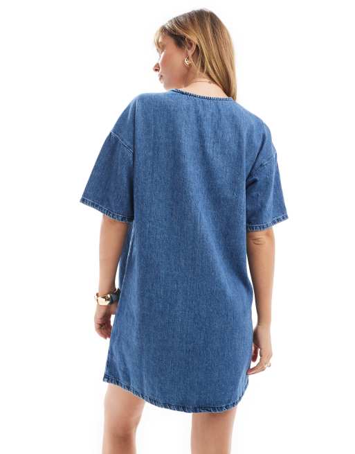 ASOS DESIGN - Vestito T-shirt in denim lavaggio medio, 3 di 4
