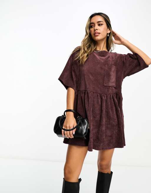 ASOS DESIGN - Vestito T-shirt in velluto a coste color cioccolato, 2 di 4