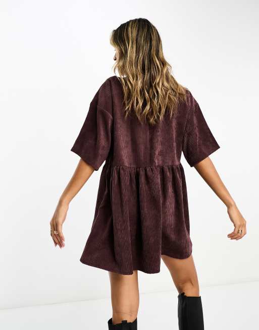 ASOS DESIGN - Vestito T-shirt in velluto a coste color cioccolato, 3 di 4