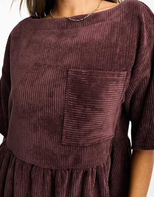 ASOS DESIGN - Vestito T-shirt in velluto a coste color cioccolato, 4 di 4