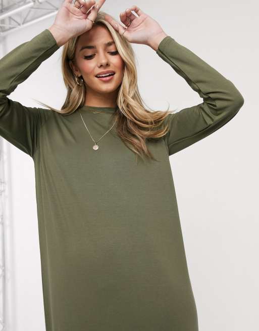 ASOS DESIGN - Vestito T-shirt lungo a maniche lunghe kaki, 3 di 4