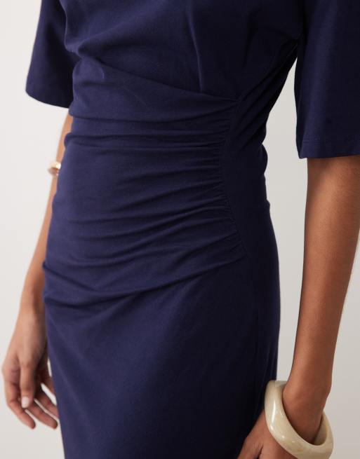 ASOS DESIGN - Vestito T-shirt lungo arricciato sul lato blu navy, 3 di 4