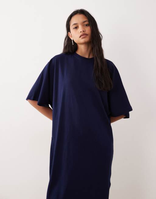 ASOS DESIGN - Vestito T-shirt midi blu navy con maniche ad ali di pipistrello, 2 di 4