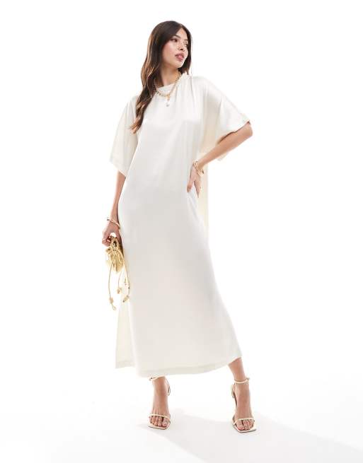 ASOS DESIGN - Vestito t-shirt midi in raso color avorio