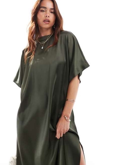 ASOS DESIGN - Vestito T-shirt midi in raso kaki, 2 di 4