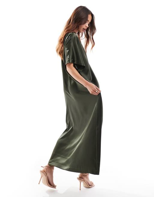 ASOS DESIGN - Vestito T-shirt midi in raso kaki, 3 di 4