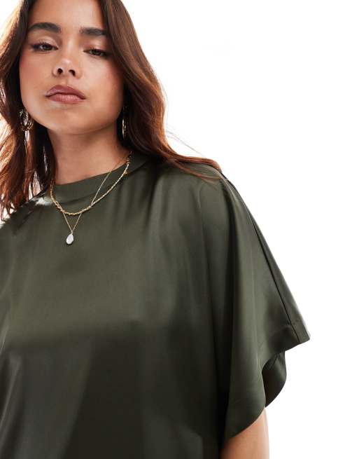 ASOS DESIGN - Vestito T-shirt midi in raso kaki, 4 di 4