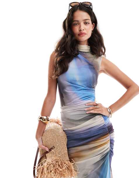 ASOS DESIGN - Vestito T-shirt midi in rete arricciata con stampa effetto acquerello - view 1