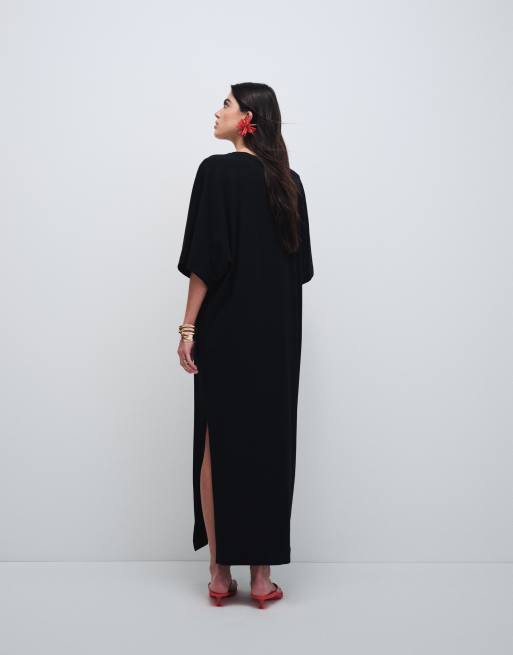 ASOS DESIGN - Vestito T-Shirt midi nero con maniche ad ali di pipistrello, 4 di 8