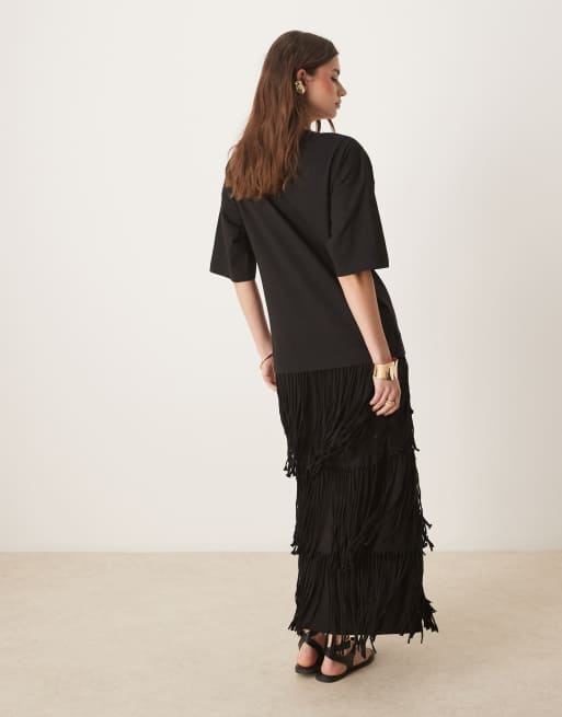 ASOS DESIGN - Vestito T-shirt midi nero con scollo rotondo e gonna con frange, 4 di 4