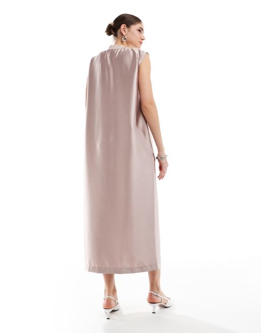 ASOS DESIGN - Vestito t-shirt midi senza maniche oversize in raso tortora, 3 di 4