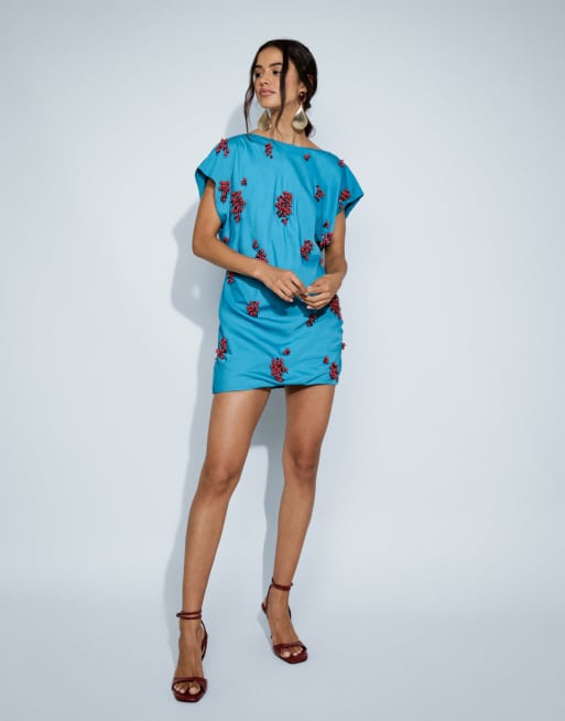 ASOS DESIGN vestito T-shirt mini con schiena scoperta e applicazioni cluster in turchese, 6 di 10