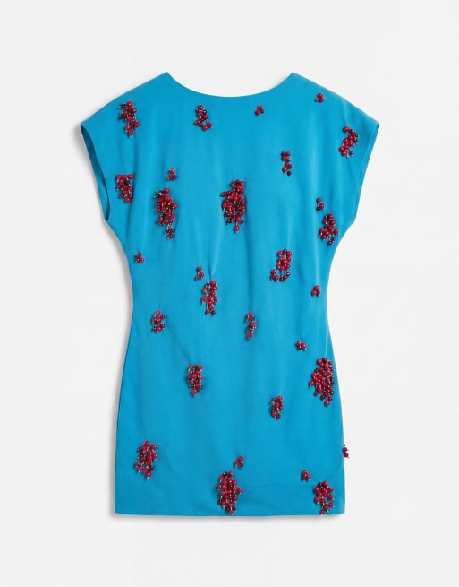 ASOS DESIGN vestito T-shirt mini con schiena scoperta e applicazioni cluster in turchese, 7 di 10