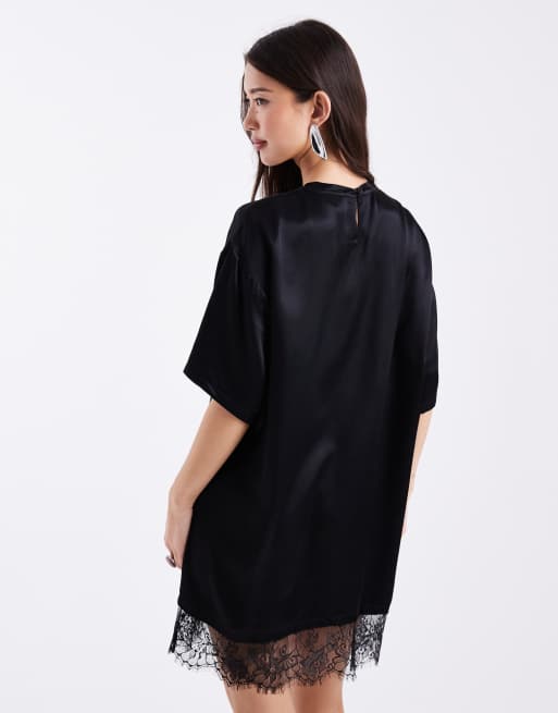 ASOS DESIGN - Vestito T-shirt nero in raso con orlo in pizzo, 4 di 4