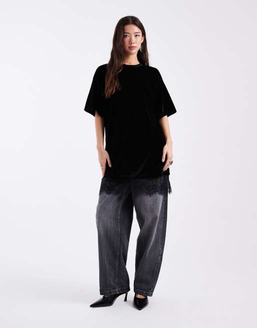 ASOS DESIGN - Vestito T-shirt nero in velluto con finiture in pizzo, 3 di 4