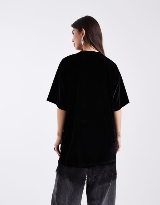 ASOS DESIGN - Vestito T-shirt nero in velluto con finiture in pizzo, 4 di 4