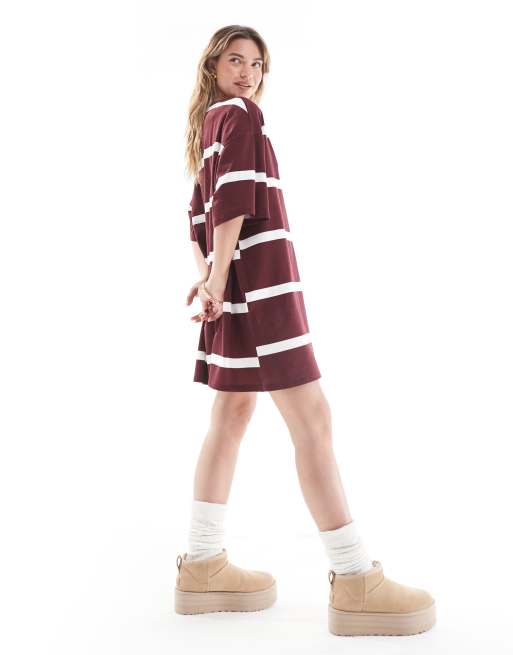 ASOS DESIGN - Vestito T-shirt oversize corto bordeaux a righe