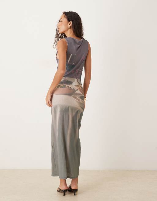 ASOS DESIGN - Vestito trasparente da festa color prugna a coste con stampa, 4 di 4