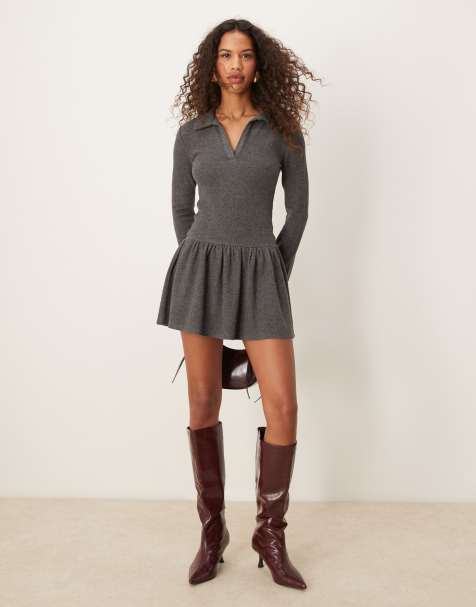 ASOS DESIGN - Vestito ultra morbido con vita scesa e colletto stile polo grigio - view 1