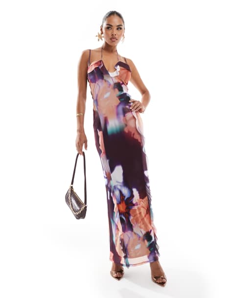 ASOS DESIGN - Vestito viola a fiori in rete con cuciture a vista, gonna al polpaccio e volant - view 1